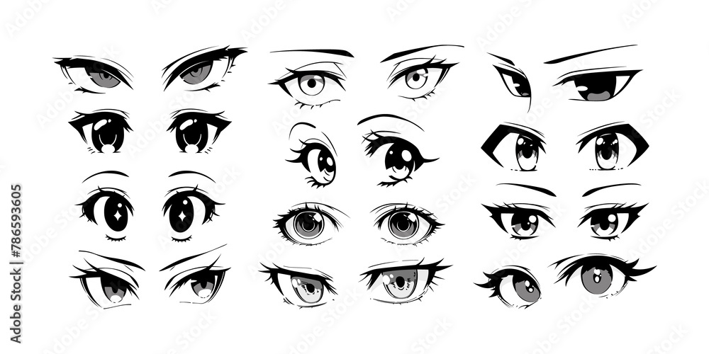 Japenese anime eye close up set on isolated background. Black and white manga cartoon character, animation art style bundle. Trendy Y2K eyes, facial expression graphic, diverse comic book people.
Japenese anime eye close up set on isolated background. Black and white manga cartoon character, animation art style bundle. Trendy Y2K eyes, facial expression graphic, diverse comic book people.