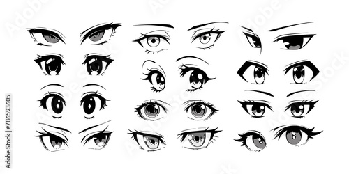 Japenese anime eye close up set on isolated background. Black and white manga cartoon character, animation art style bundle. Trendy Y2K eyes, facial expression graphic, diverse comic book people. 