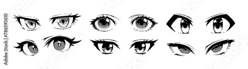 Japenese anime eye close up set on isolated background. Black and white manga cartoon character, animation art style bundle. Trendy Y2K eyes, facial expression graphic, diverse comic book people.   © Dedraw Studio