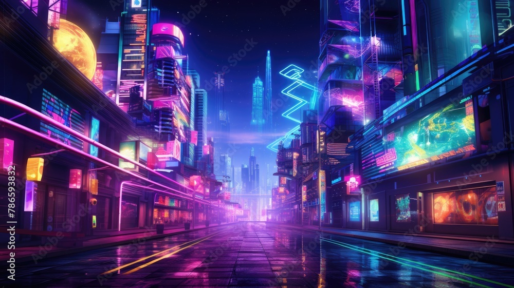 The picture of the neon night time futuristic cyberpunk scifi metropolis yet bright with neon light that fill everywhere of metropolis and fill with tall building and long roadway at night. AIGX01.