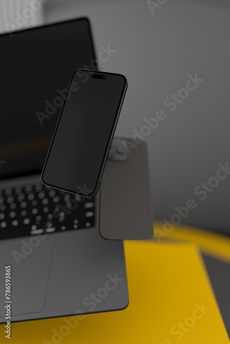 iPhone 15 pro and Macbook pro a floating apple devices concept
