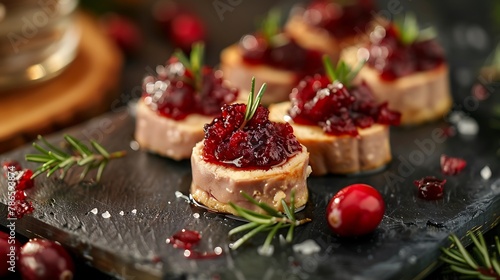Festive appetizer with foie gras cranberry chutney and jelly