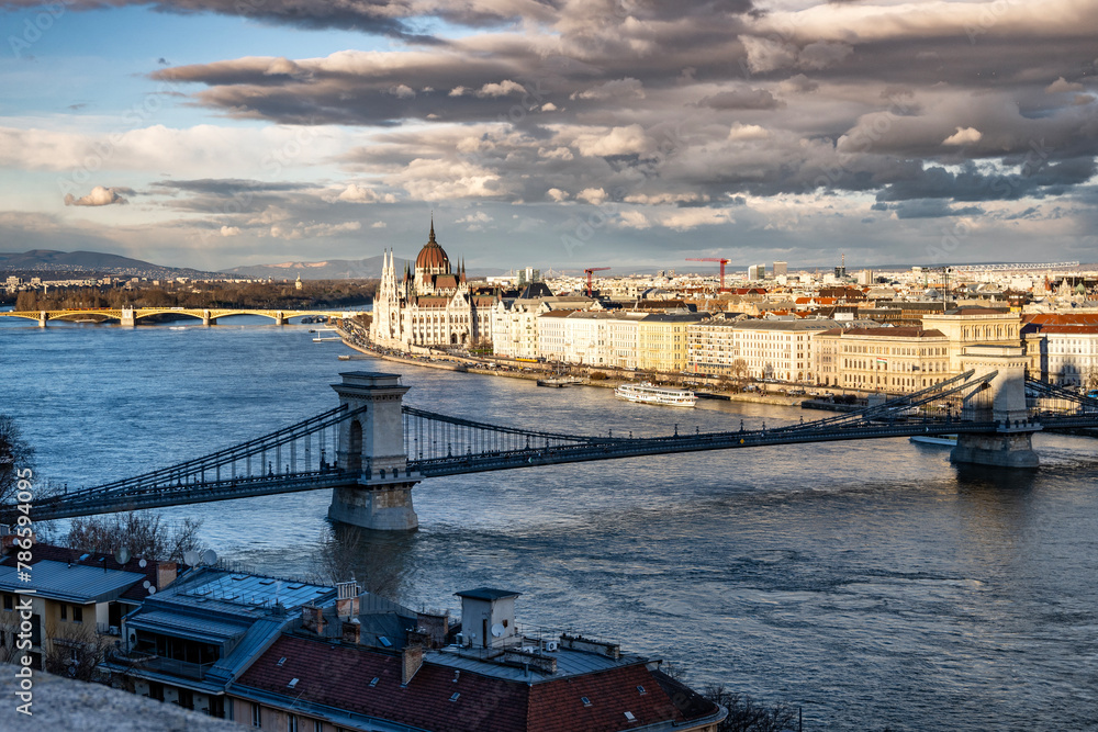 Wonderful view of the Budapest city waterfront beside Danube river, with famous Chain bridge connecting two banks