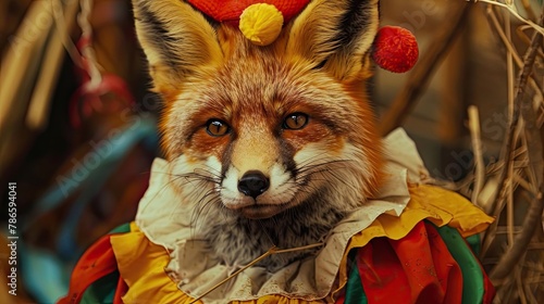 Fox dressed in clown costume, zoo mascot, close-up. The fox smiles, she likes the human costume. Wild creature juxtaposed with whimsy of clown costume. Generative by AI photo