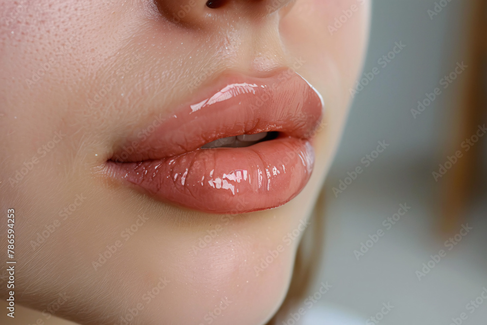 Plump glossy lips of woman with Hyaluronic acid beauty fillers - obrazy, fototapety, plakaty 