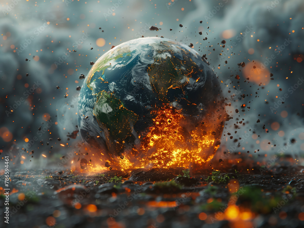 Environmental Protection, the Earth-like globe on fire, engulfed in glowing cracks and embers, global warming, global heating - obrazy, fototapety, plakaty 