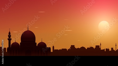 Solid maroon background with a golden silhouette of a mosque at sunset