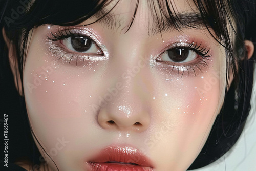 Portrait of beautiful Asian woman with silver and pink shimmering eye makeup
