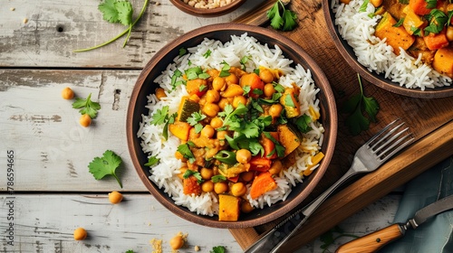Vegetable curry with chickpeas served over fragrant basmati rice. Restaurant dish, serving, seasonal offering, proper nutrition, diet food. Culinary aesthetics concept. Generative by AI