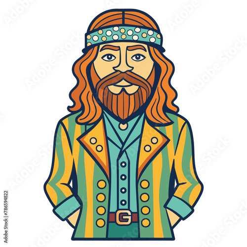 Colorful groovy hippie fashion illustration from the 1970s with retro disco style and vibrant psychedelic clothing for a throwback nostalgia party iconic lifestyle character illustration