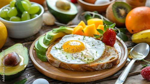Fresh and healthy breakfast served on table avocado toast fried egg cheese honey smoothie and fresh fruits on wooden breakfast table