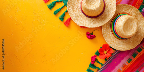 Bright yellow Cinco de Mayo background with Mexican sombrero hat and flowers