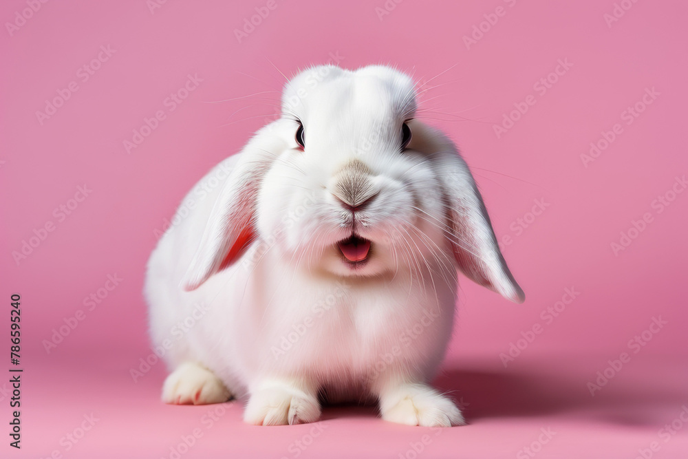Front view of a white cute bunny standing on a pink background. A remarkable act by a young rabbit.