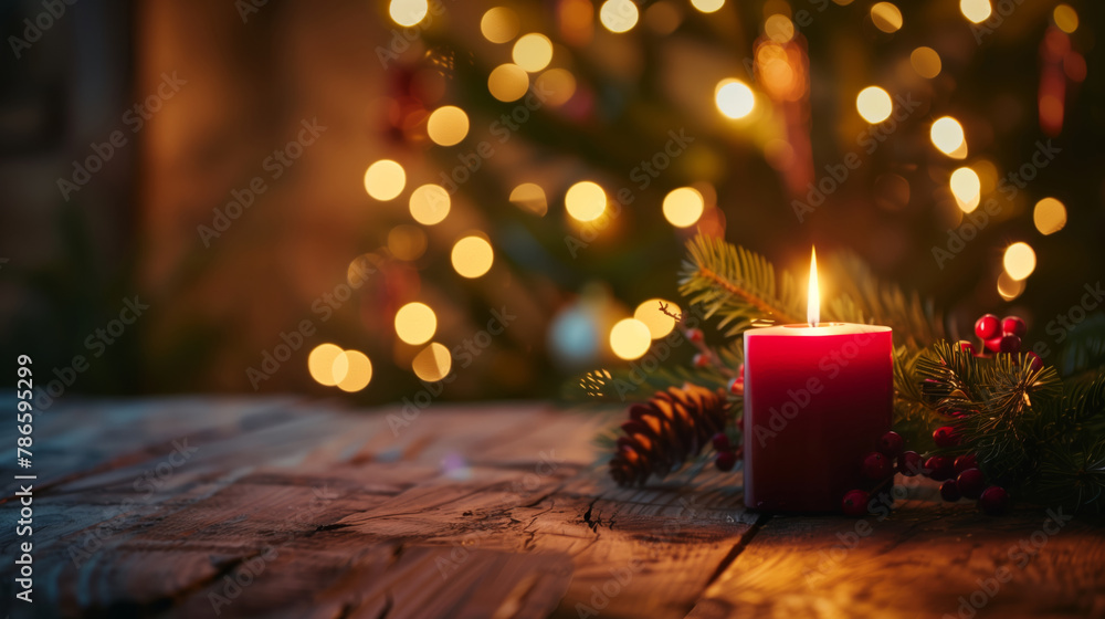 Wooden table with Christmas candle and pinecones against a background of lights, garlands on a Christmas tree. Place for your product Wooden table with Christmas candle and pinecones against a background of lights, garlands on a Christmas tree. Place for your product