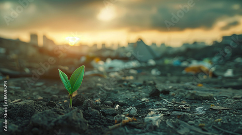 Green sprout growing from pile of garbage in middle of apocalyptic waste land with sunset background. Environmental concept photo
