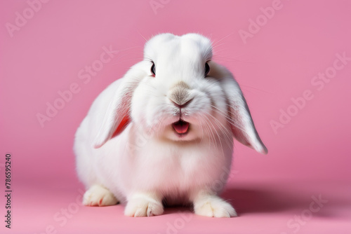 Obraz na płótnie Front view of a white cute bunny standing on a pink background. A remarkable act by a young rabbit. w salonie