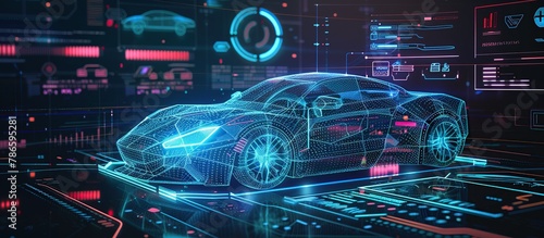 Futuristic auto service station smart car. Scan and Maintenance Automobile in 3D visualization hologram.