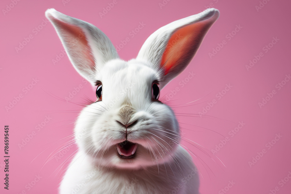 Front view of a white cute bunny standing on a pink background. A remarkable act by a young rabbit.