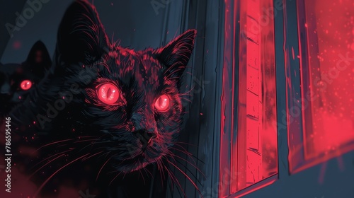   A black feline with scarlet eyes gazes from one window, its gaze mirrored by another red-eyed cat peering from another © Anna