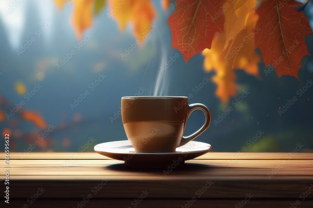 Autumn leaves and a hot steaming cup of coffee. Wooden table and cup of coffee on autumn background. Autumn season, free time, coffee break, September, October, November concept.