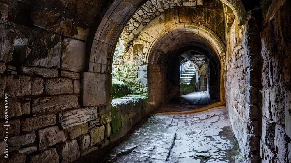 Obraz premium Secret underground passage leading to the heart of a medieval castle. Gloomy place, ghosts, dust, secret tunnel, paranormal, gothic, middle ages, ruins, dampness, mysticism, fear. Generative by AI