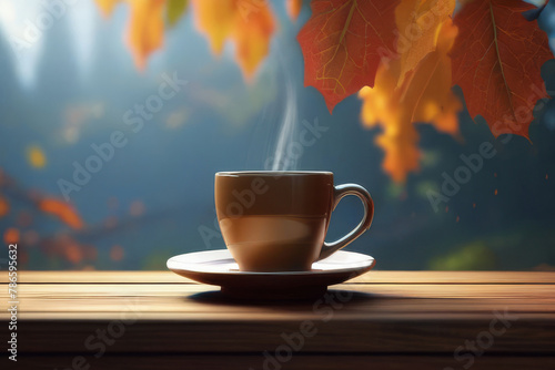 Autumn leaves and a hot steaming cup of coffee. Wooden table and cup of coffee on autumn background. Autumn season, free time, coffee break, September, October, November concept.