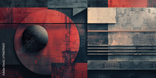 Dark geometric abstract background. Black  gray and red geometric pattern artwork. Abstract horizontal banner. Digital artwork raster bitmap. AI artwork.