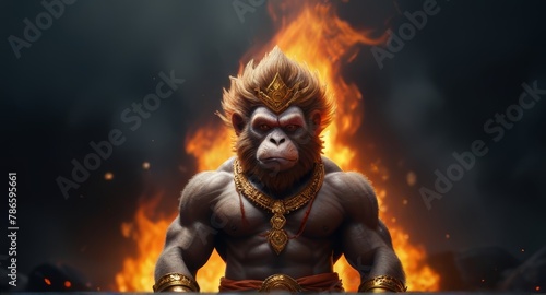 bodybuilder monkey king hanuman with golden round heavy metal mace orange scarf white dhoti is standing in front of a fire, appears as the fire goddess, goddess of fire, the fire © Adiliao