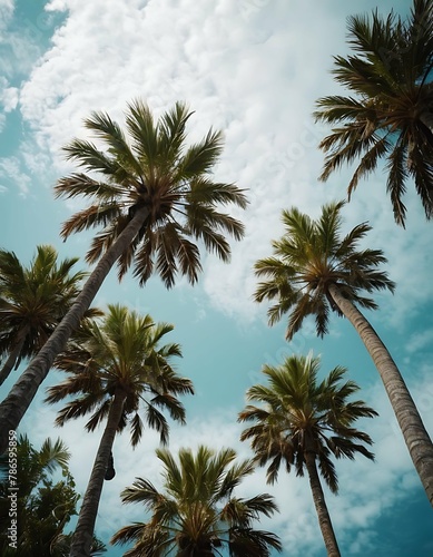 Palm trees  tropical summer beach mood  vertical background  upward camera angle  holiday vacation