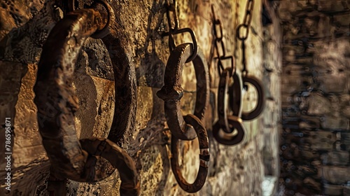 Rusty iron shackles hanging from the walls of a medieval prison  torture chamber. Gloomy place  ghosts  paranormal  gothic  middle ages  ruins  dampness  mysticism  fear. Generative by AI