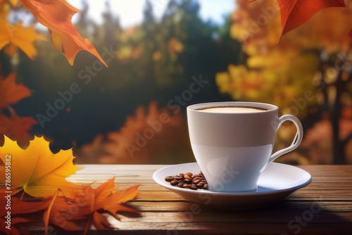 Obraz na płótnie Autumn leaves and a hot steaming cup of coffee. Wooden table and cup of coffee on autumn background. Autumn season, free time, coffee break, September, October, November concept. w salonie