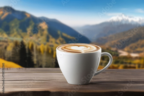 Obraz na płótnie A steaming cup of coffee against the backdrop of autumn mountains. Wooden table and cup of coffee in the mountains in autumn. Autumn season, free time, coffee break, September, October, November w salonie