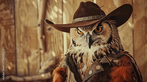 Owl in a cowboy costume, wild west theme, western aesthetics, feathered, bird. Mascot, surrealism, realistic style, cowboy hat, poncho. Concept of a wild creature in human clothing. Generative by AI