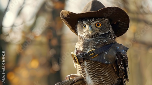 Owl in a cowboy costume, wild west theme, western aesthetics, feathered, bird. Mascot, surrealism, realistic style, cowboy hat, poncho. Concept of a wild creature in human clothing. Generative by AI