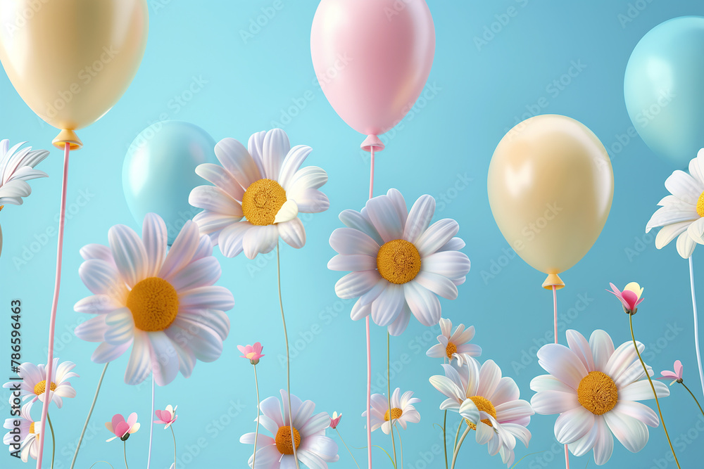 3d render of colorful balloons and flowers on blue background. Abstract balloon spring floral background with space for text 3d render of colorful balloons and flowers on blue background. Abstract balloon spring floral background with space for text