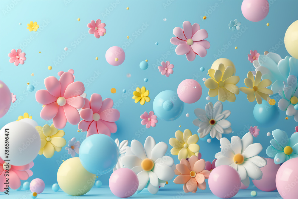 3d render of colorful balloons and flowers on blue background. Abstract balloon spring floral background with space for text 3d render of colorful balloons and flowers on blue background. Abstract balloon spring floral background with space for text