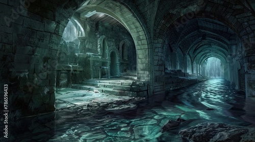 Mysterious underground river flowing through depths of old castle. Gloomy place  ghosts  paranormal  gothic  middle ages  ruins  mysticism  uncomfortable place  ancient sewer. Generative by AI