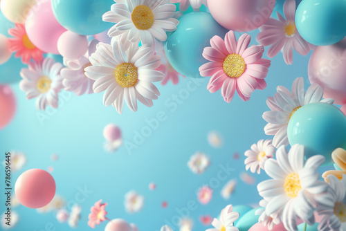 3d render of colorful balloons and flowers on blue background. Abstract balloon spring floral background with space for text