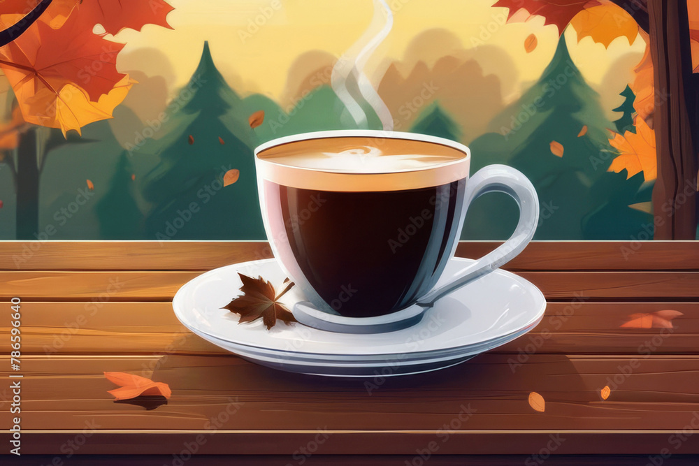 Autumn leaves and a hot steaming cup of coffee. Wooden table and cup of coffee on autumn background. Autumn season, free time, coffee break, September, October, November concept. - obrazy, fototapety, plakaty 