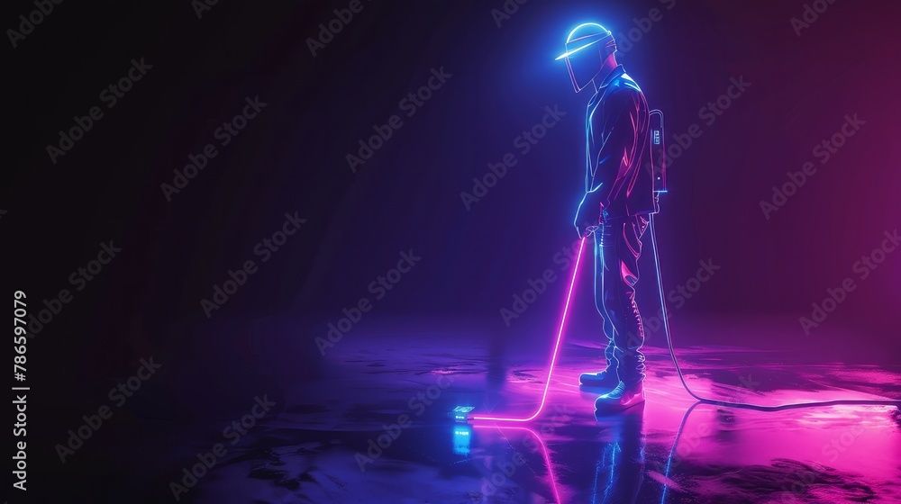 3d render techno neon purple blue glowing outline wireframe symbol of frame metal detector with person isolated on black background with glossy reflection on floor  - obrazy, fototapety, plakaty 