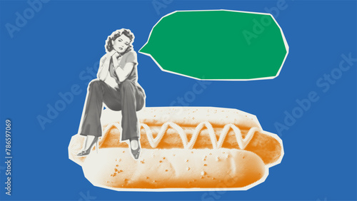 Vintage retro halftone collages. 40's woman sitting on hot dog. Dotted texture in a trendy pop art style for poster art or social media. Vector illustration with rough-edged pages elements.