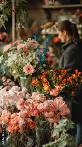 A Floral Designer Managing budgets and pricing for floral arrangements, considering factors such as flower types and seasonal availability, realistic people photography