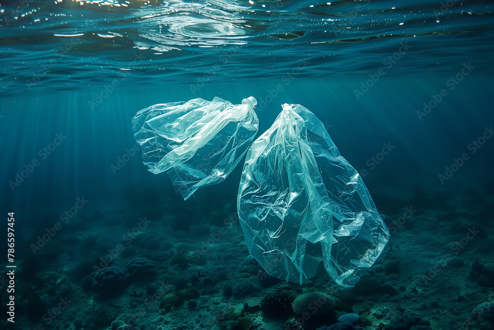 Plastic pollution in ocean environmental problem - obrazy, fototapety, plakaty 