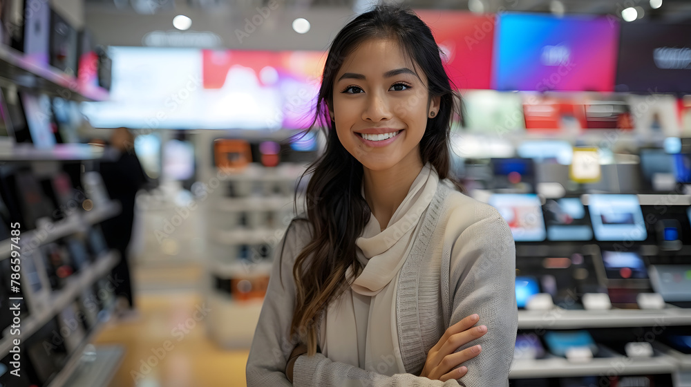 friendly woman welcoming customers into her electronics store, small business, entrepreneur