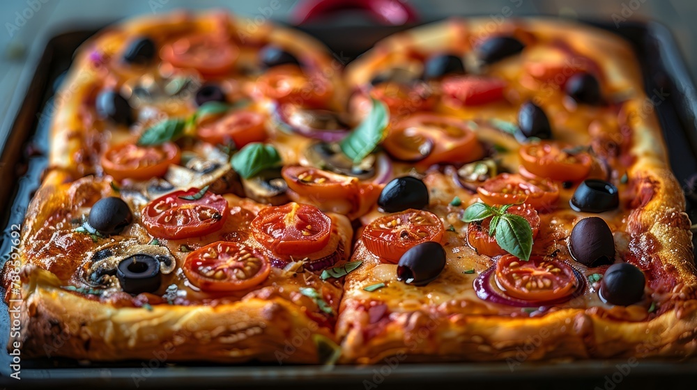 A square pizza, topped with tomatoes, olives, and various other toppings, rests on a baking sheet atop a wooden table A square pizza, topped with tomatoes, olives, and various other toppings, rests on a baking sheet atop a wooden table