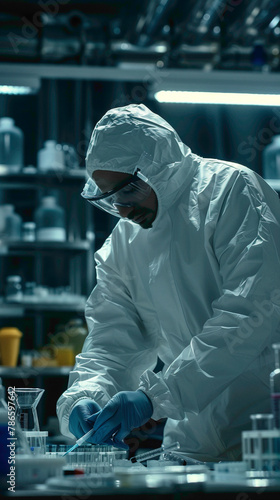 A Forensic Scientist Conducting laboratory tests to identify and characterize substances like drugs or toxic chemicals, realistic people photography