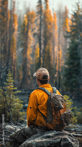 A Forester Monitoring forest resources and implementing strategies to mitigate risks such as wildfires, pests, or invasive species, realistic people photography © GraphixOne