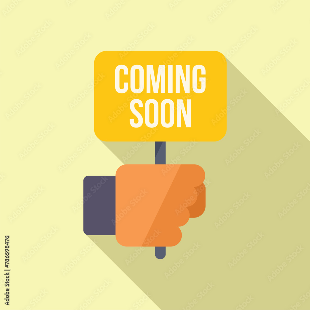 Hand take coming soon banner icon flat vector. Add advert. New product Hand take coming soon banner icon flat vector. Add advert. New product