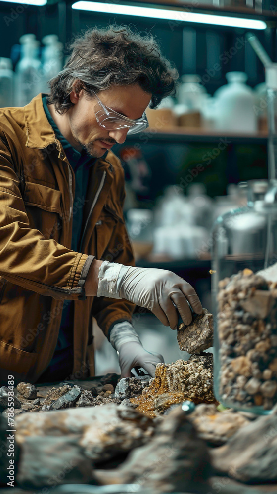 A Geologist Collecting rock, soil, and mineral samples for analysis in laboratory settings, realistic people photography