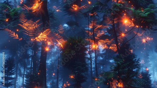  A forest teeming with numerous trees and fireflies flitting through the misty night sky